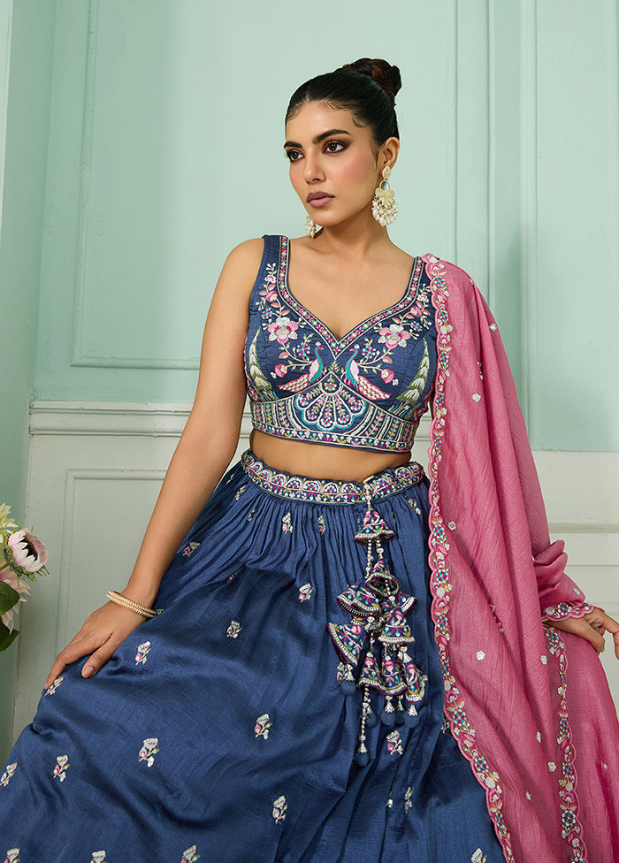 Blue Blended Silk Dupatta Lehenga Set