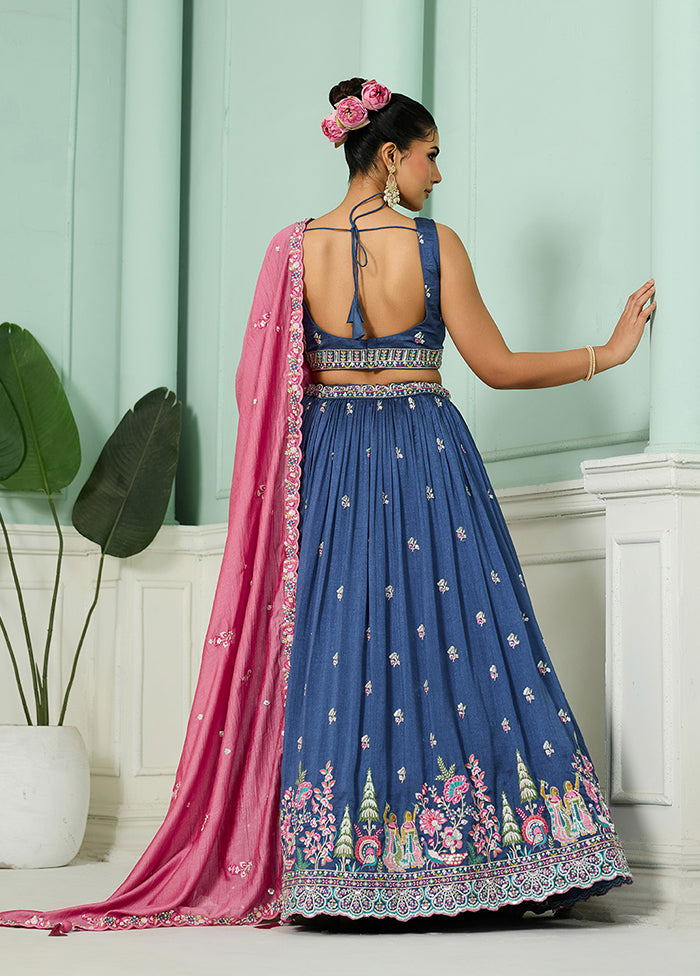 Blue Blended Silk Dupatta Lehenga Set