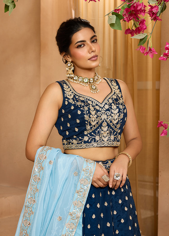 Blue Blended Silk Dupatta Lehenga Set