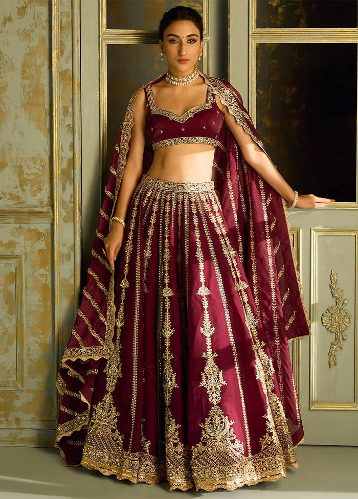 Red Blended Silk Dupatta Lehenga Set