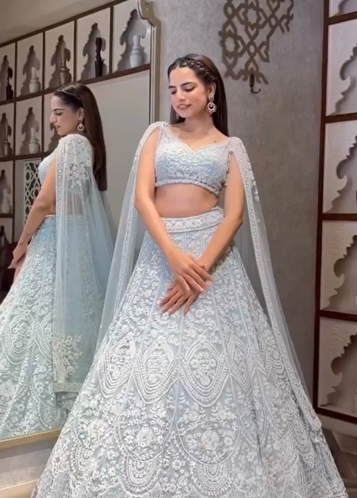 Blue Net Dupatta Lehenga Set