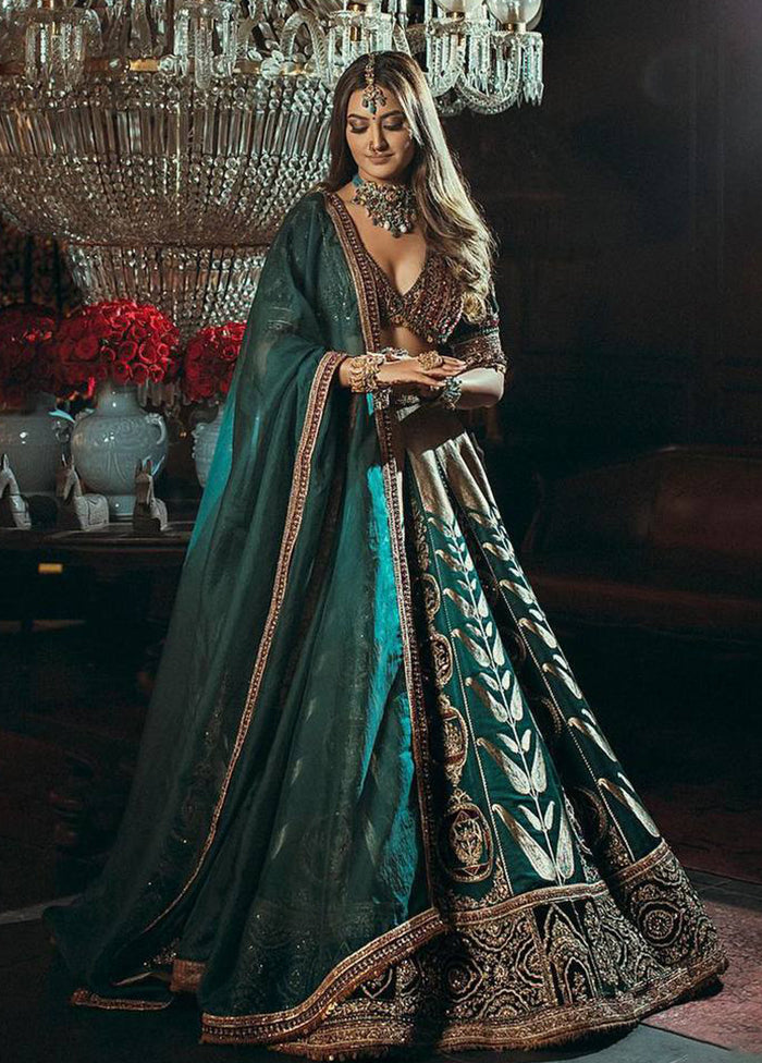 Green Blended Silk Dupatta Lehenga Set