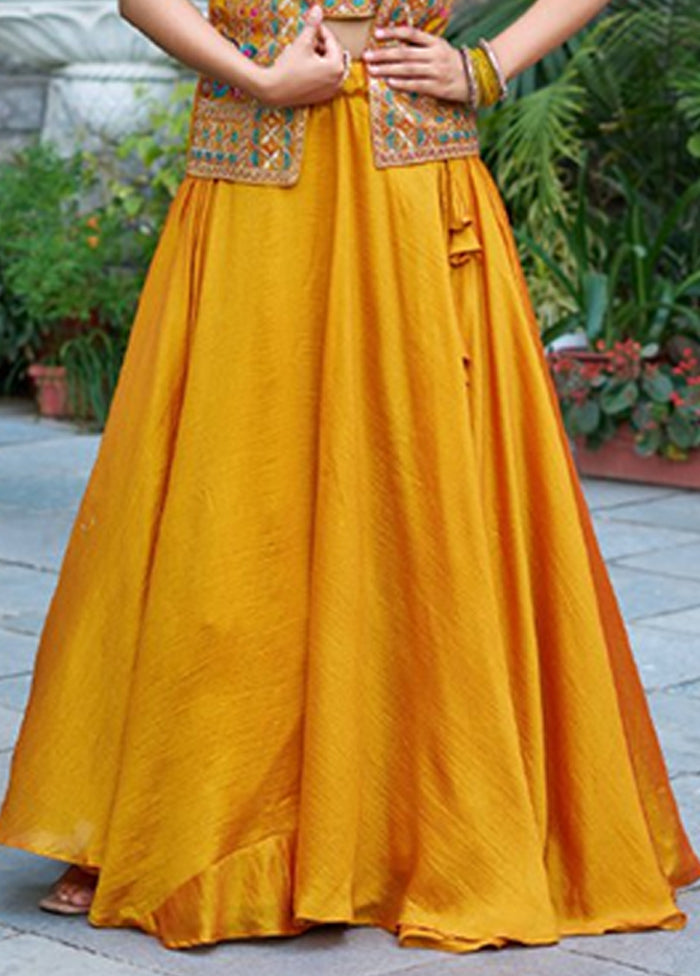 Yellow Blended Silk Koti Lehenga Set