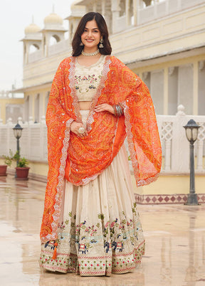 Cream Blended Silk Dupatta Lehenga Set