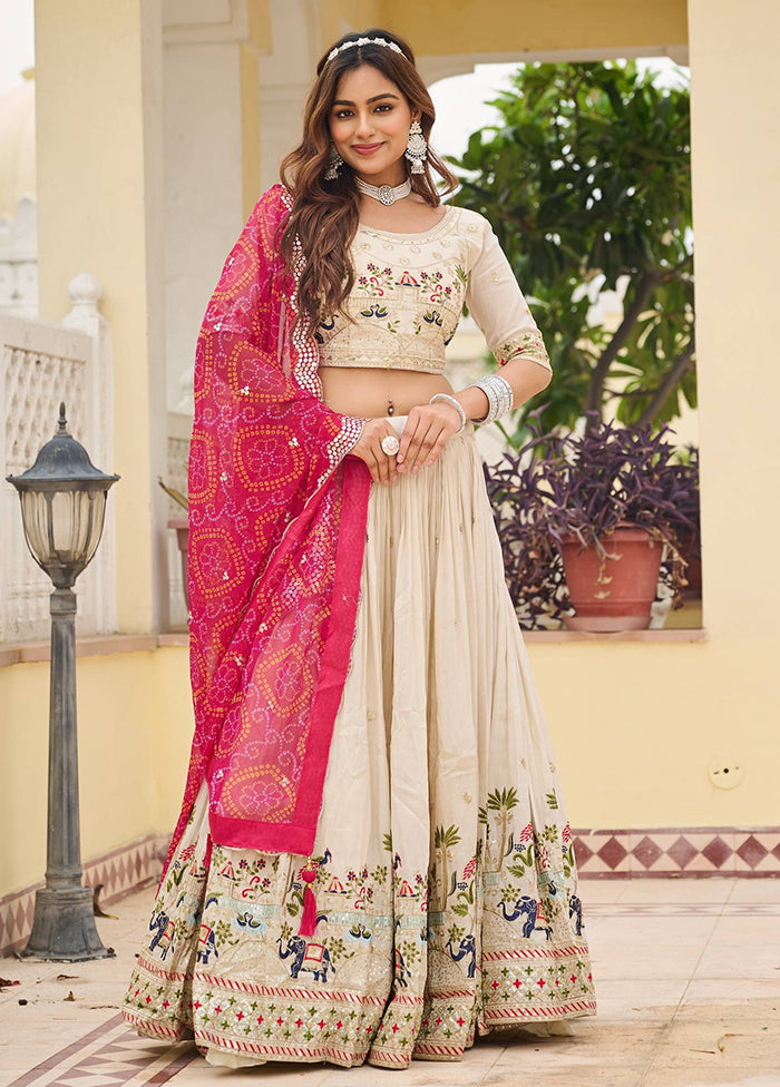 Cream Blended Silk Dupatta Lehenga Set