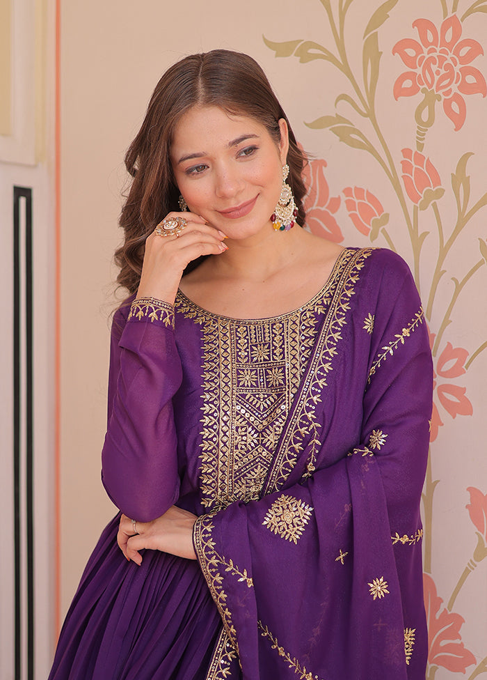 Purple Embroidery Work Georgette Gown