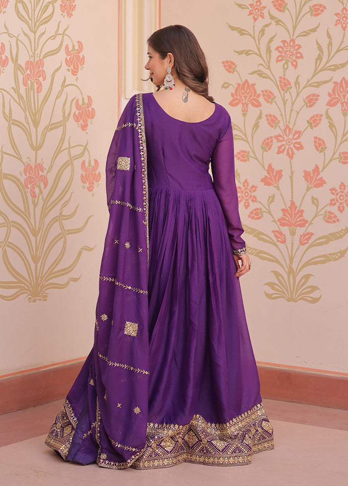 Purple Embroidery Work Georgette Gown