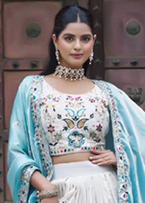 White Blended Silk Dupatta Lehenga Set