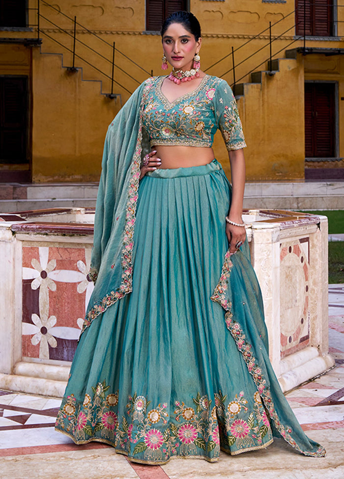 Blue Blended Silk Dupatta Lehenga Set