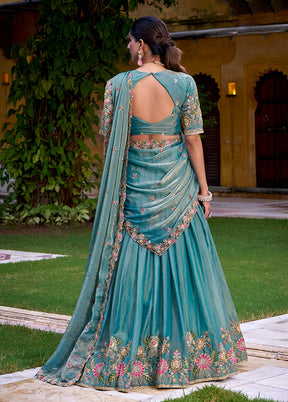 Blue Blended Silk Dupatta Lehenga Set