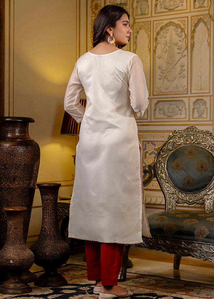 Cream Embroidered Work Silk Kurti