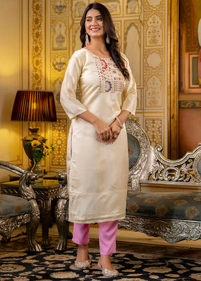 Cream Embroidered Work Silk Kurti