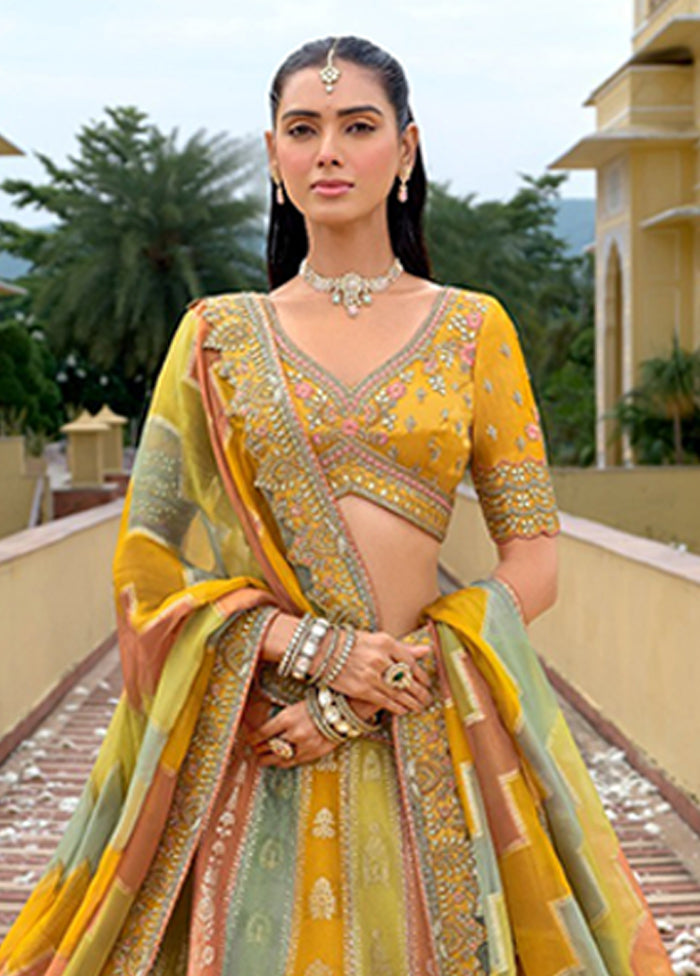 Yellow Blended Silk Dupatta Lehenga Set