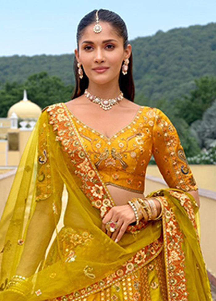 Yellow Blended Silk Dupatta Lehenga Set