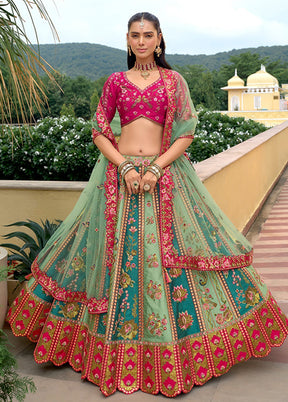 Green Blended Silk Dupatta Lehenga Set