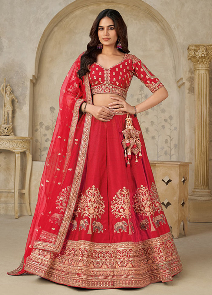 Red Blended Silk Dupatta Lehenga Set