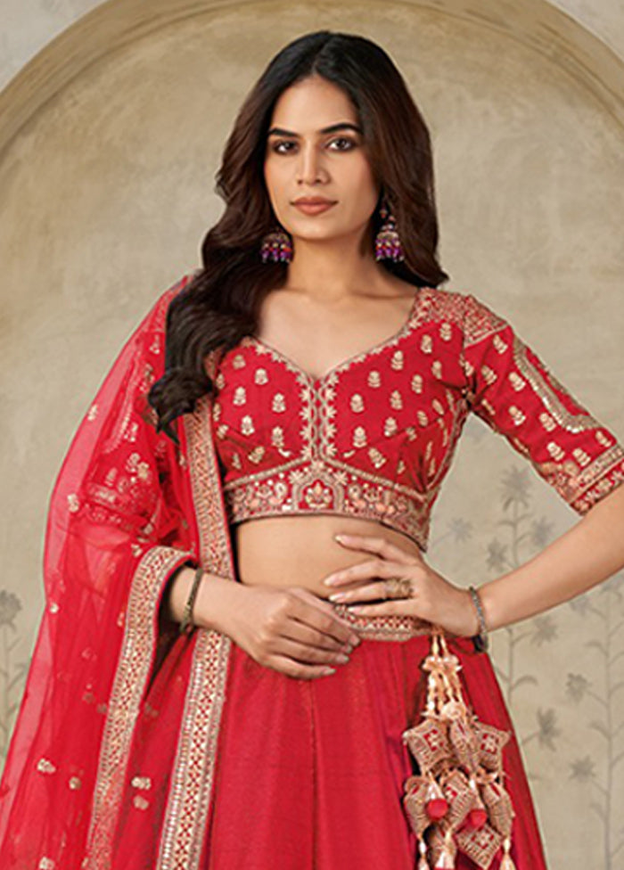 Red Blended Silk Dupatta Lehenga Set