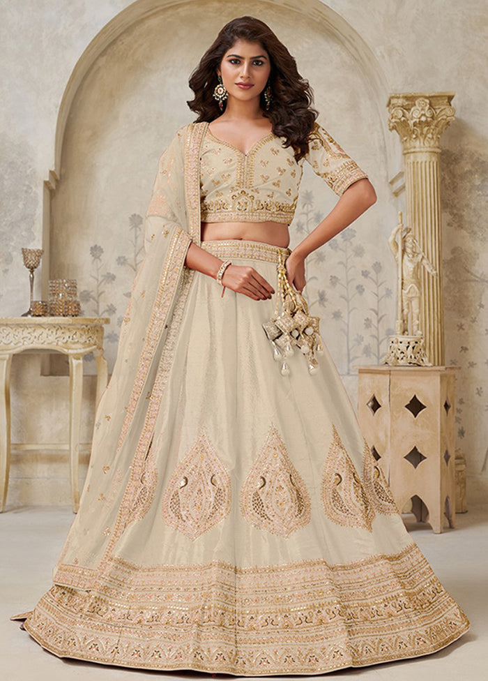 Cream Blended Silk Dupatta Lehenga Set