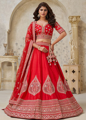 Red Blended Silk Dupatta Lehenga Set