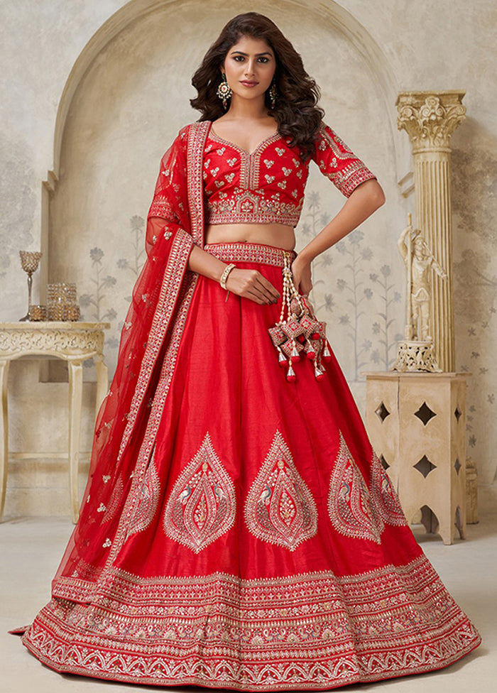 Red Blended Silk Dupatta Lehenga Set
