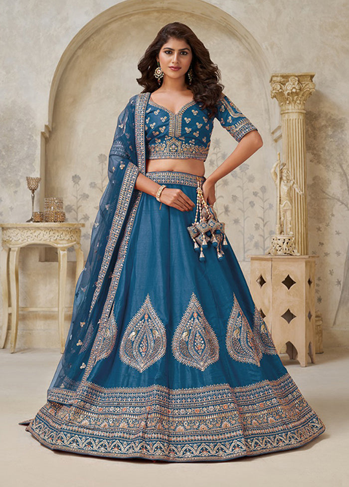 Blue Blended Silk Dupatta Lehenga Set