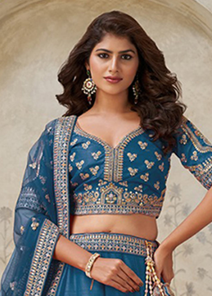 Blue Blended Silk Dupatta Lehenga Set