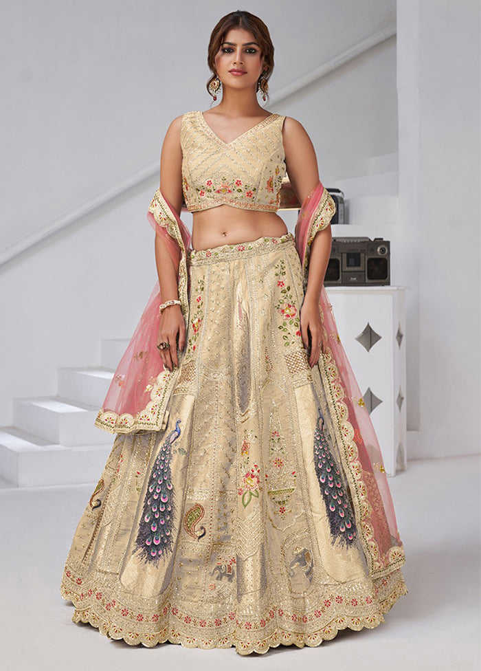 Cream Blended Silk Dupatta Lehenga Set