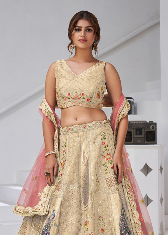 Cream Blended Silk Dupatta Lehenga Set