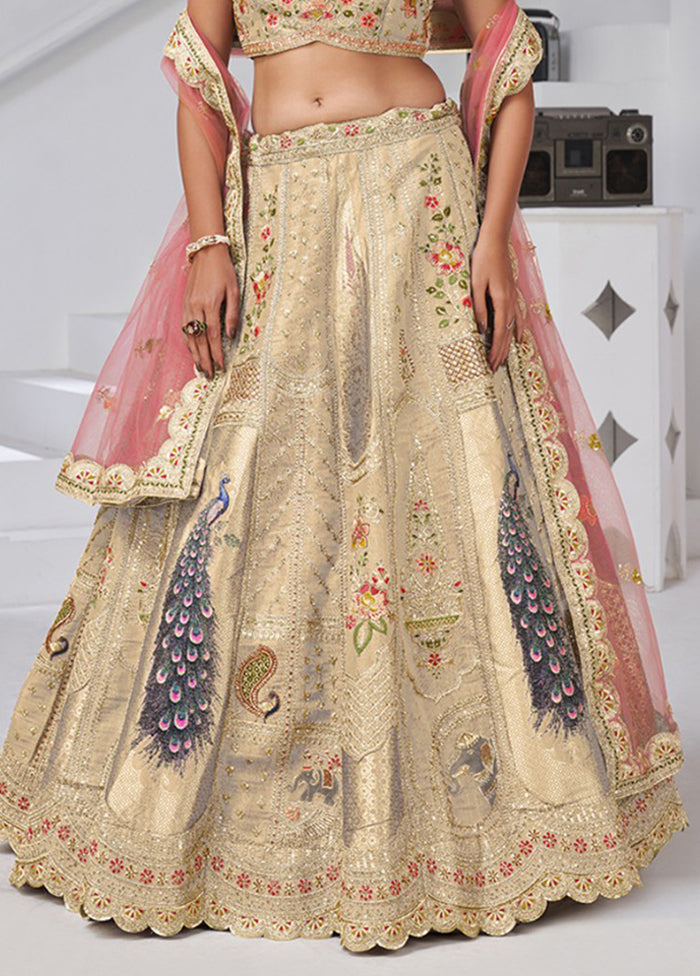 Cream Blended Silk Dupatta Lehenga Set