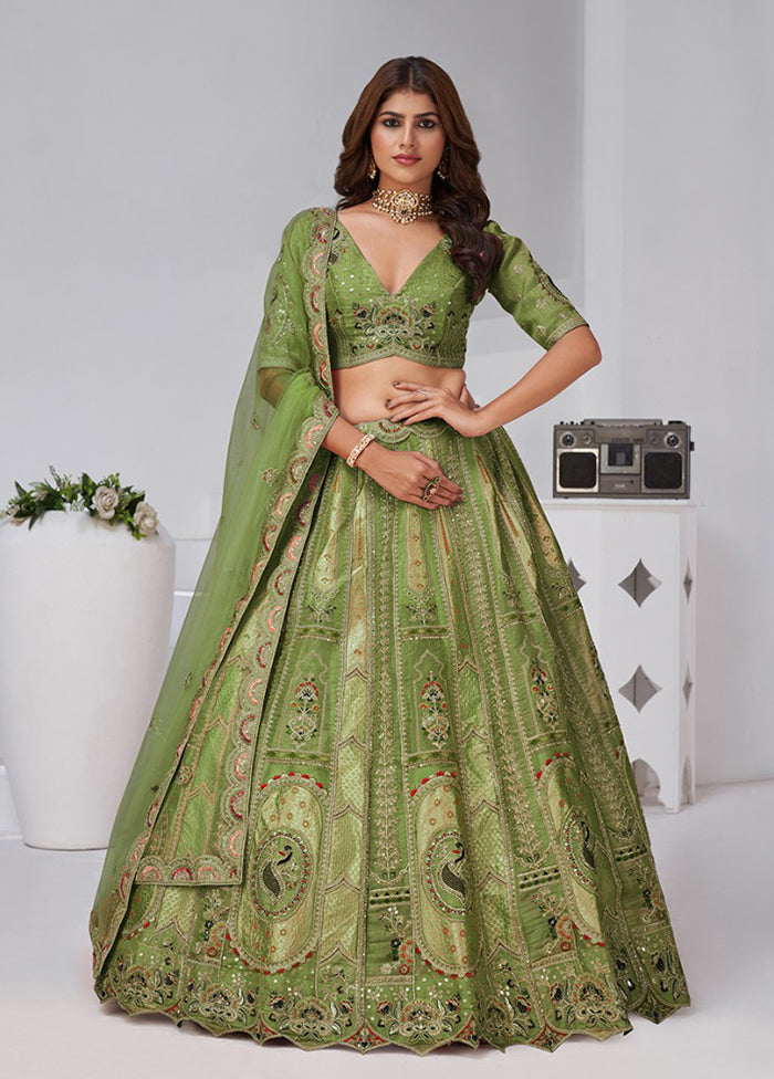 Green Blended Silk Dupatta Lehenga Set