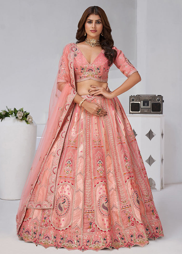 Peach Blended Silk Dupatta Lehenga Set
