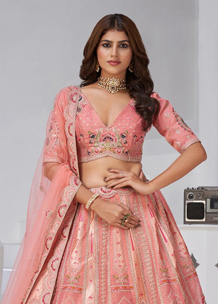 Peach Blended Silk Dupatta Lehenga Set