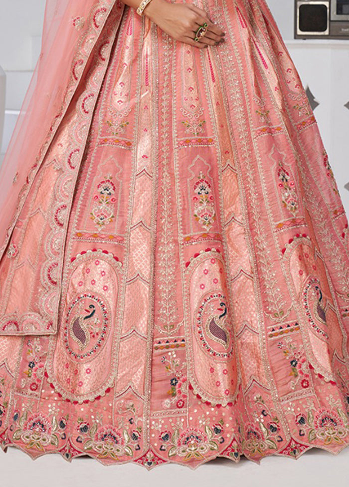 Peach Blended Silk Dupatta Lehenga Set