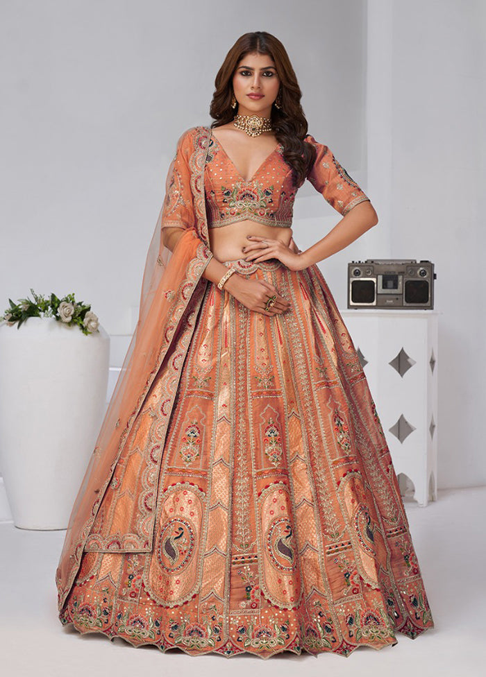 Brown Blended Silk Dupatta Lehenga Set
