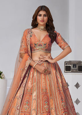 Brown Blended Silk Dupatta Lehenga Set