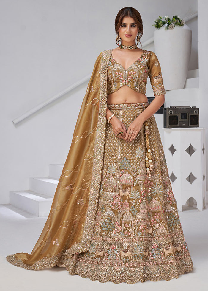 Brown Blended Silk Dupatta Lehenga Set