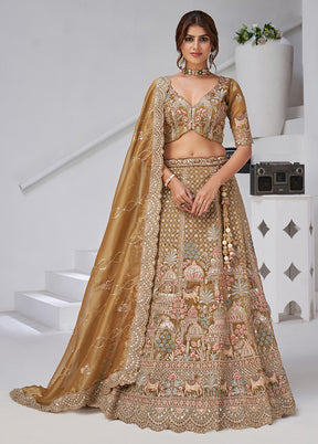 Brown Blended Silk Dupatta Lehenga Set