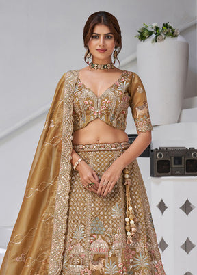 Brown Blended Silk Dupatta Lehenga Set