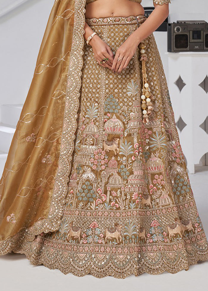 Brown Blended Silk Dupatta Lehenga Set