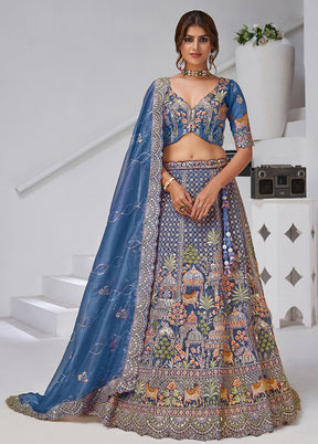 Blue Blended Silk Dupatta Lehenga Set