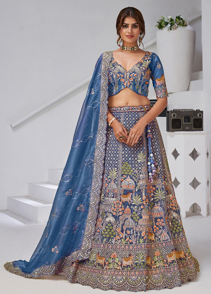 Blue Blended Silk Dupatta Lehenga Set