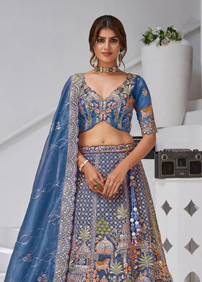 Blue Blended Silk Dupatta Lehenga Set