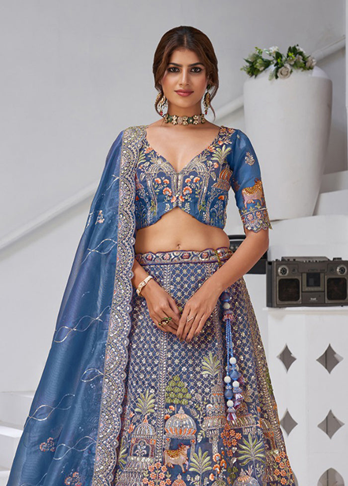 Blue Blended Silk Dupatta Lehenga Set