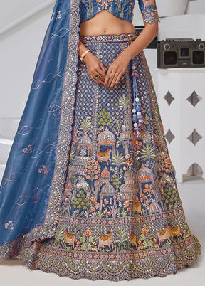 Blue Blended Silk Dupatta Lehenga Set