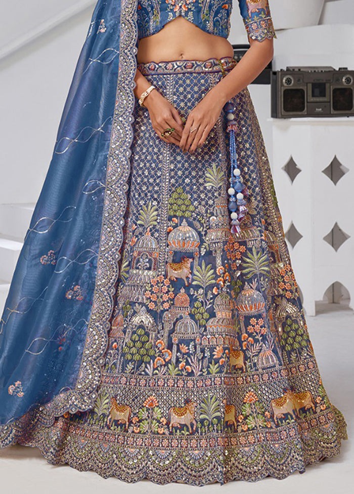 Blue Blended Silk Dupatta Lehenga Set