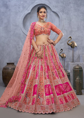 Peach Blended Silk Dupatta Lehenga Set