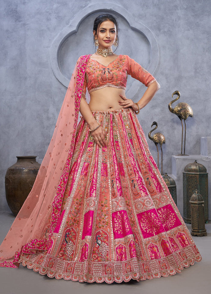 Peach Blended Silk Dupatta Lehenga Set