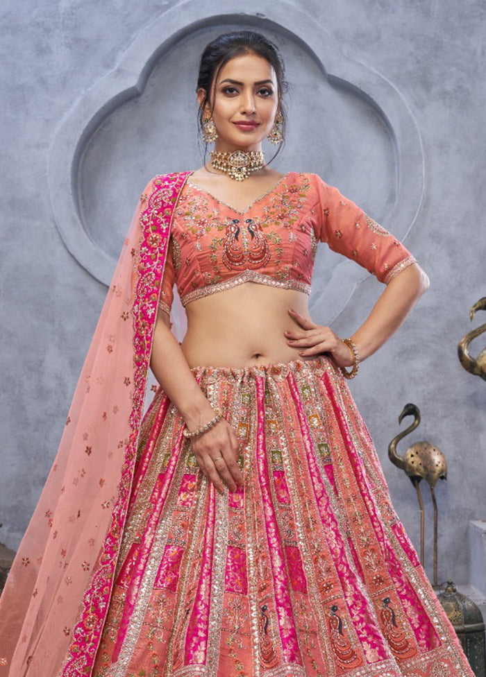 Peach Blended Silk Dupatta Lehenga Set