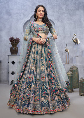 Grey Blended Silk Dupatta Lehenga Set