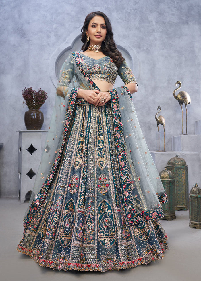 Grey Blended Silk Dupatta Lehenga Set